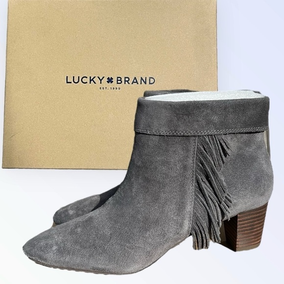 🌻NEW w/box Lucky Brand Zakina Storm Oiled Gray Fringe Detailed Booties Size 9.5 - Picture 10 of 11